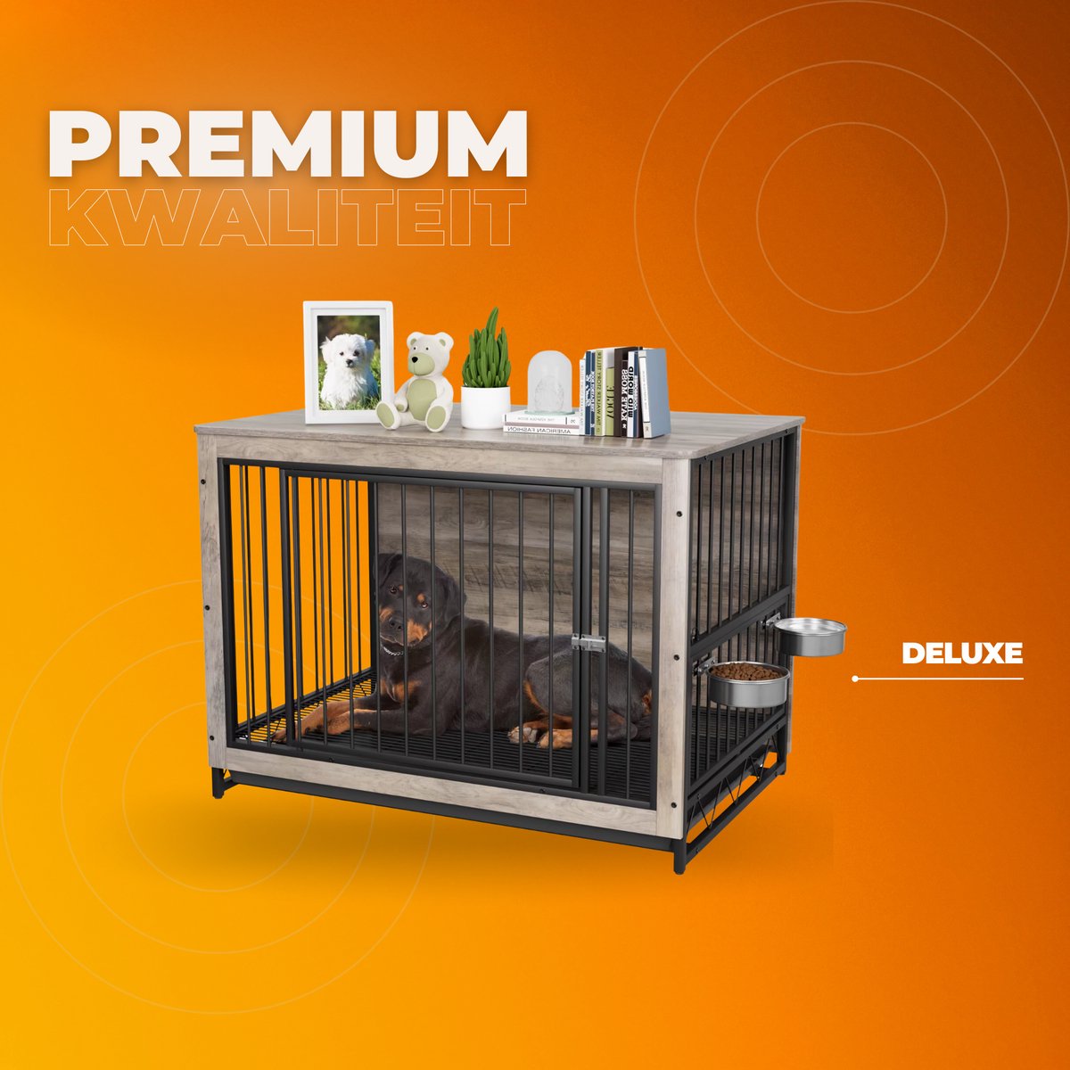 Houten Hondenbenche - Hondenren - Hondenkrat Bijzettafel met Afneembare Kommen en Dienblad - Dubbele Deuren Hondenkennel voor Middelgrote Honden Binnen - 99 x 63 x 75 cm - Grijs