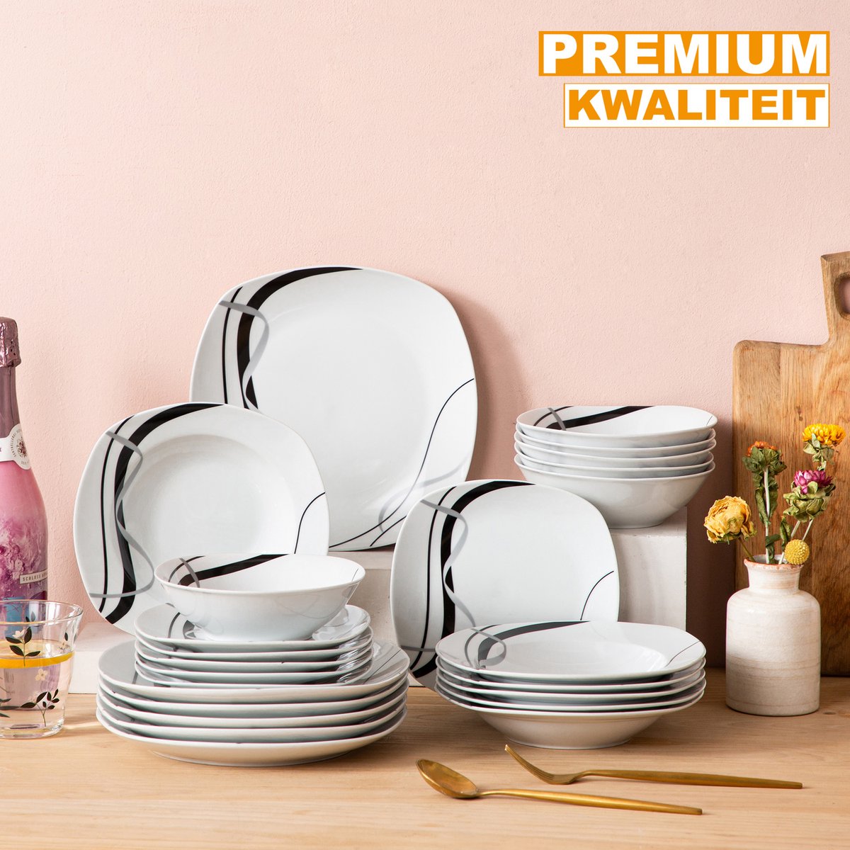 Montario Salade Kom - 24 delig - 6 personen- Wit/Zwarte Strepen - Dinerborden - Bordenset - Diepe borden - Ontbijtborden - Servies - Keukenservies