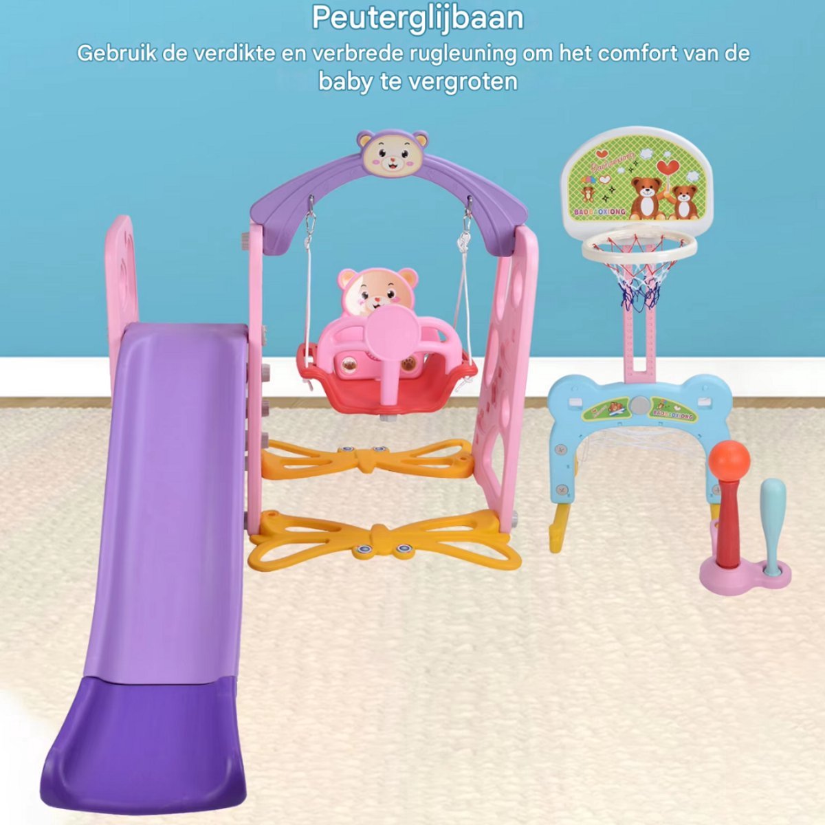 Opulence Speeltoestel 5-in-1 - Glijbaan en schommel voor peuters - Voor binnen en buiten - Met basketbalring en klimrek - Kinderen