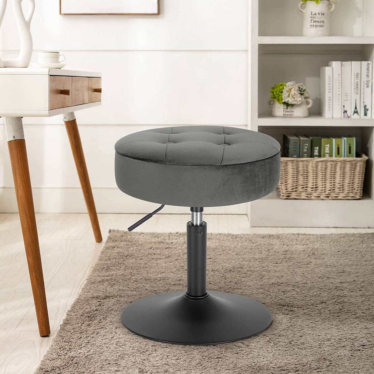 Mini Barkruk - Grijs - Set van 1 - Kleine ronde kruk - Met opbergruimte - Keuken - Barstoel - Velvet - Verstelbaar in hoogte - Zithoogte 49-65cm