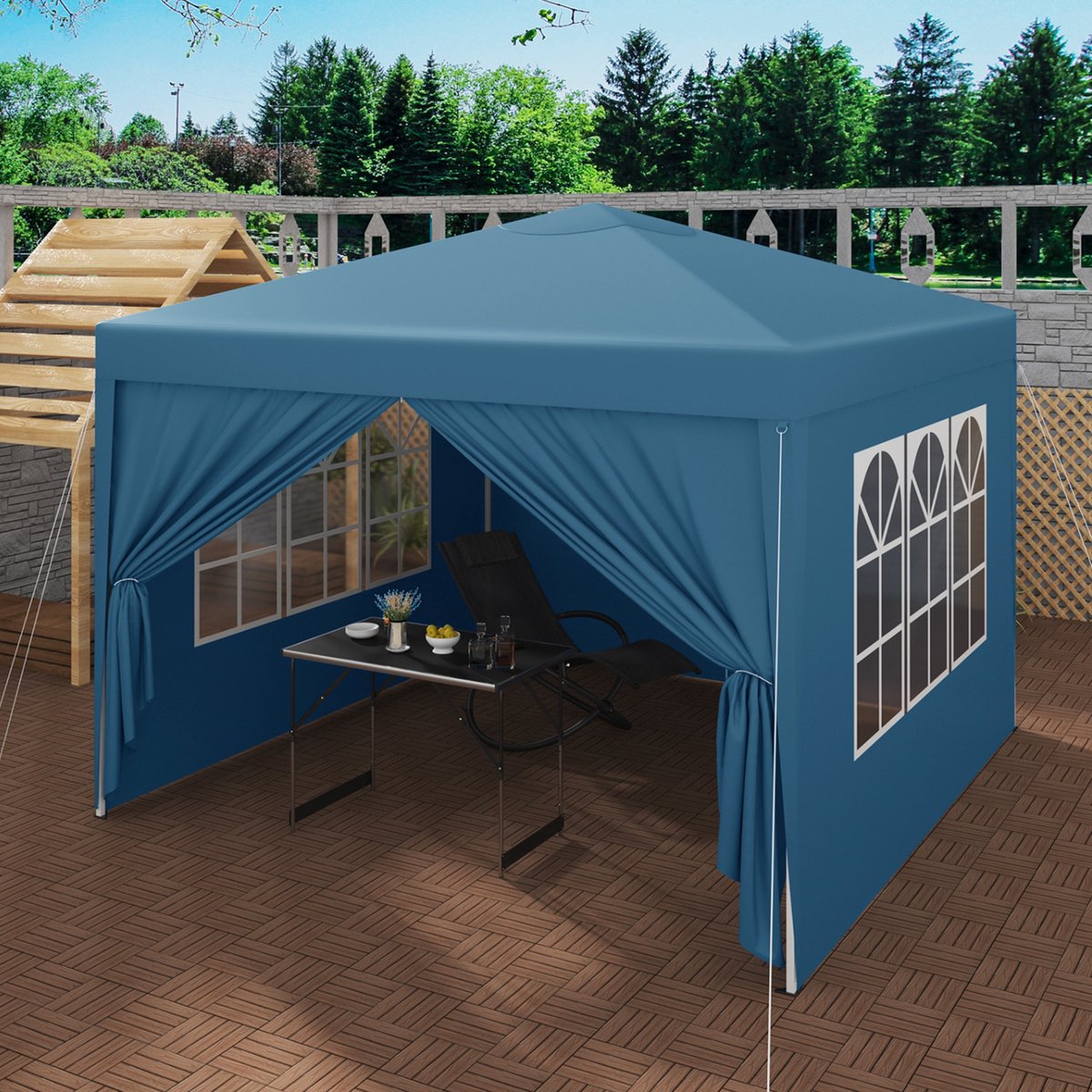 Happyment Partytent met zijwanden - Easy up - Opvouwbaar - Paviljoen - Waterdicht weerbestendig - Blauw - 3x3 m