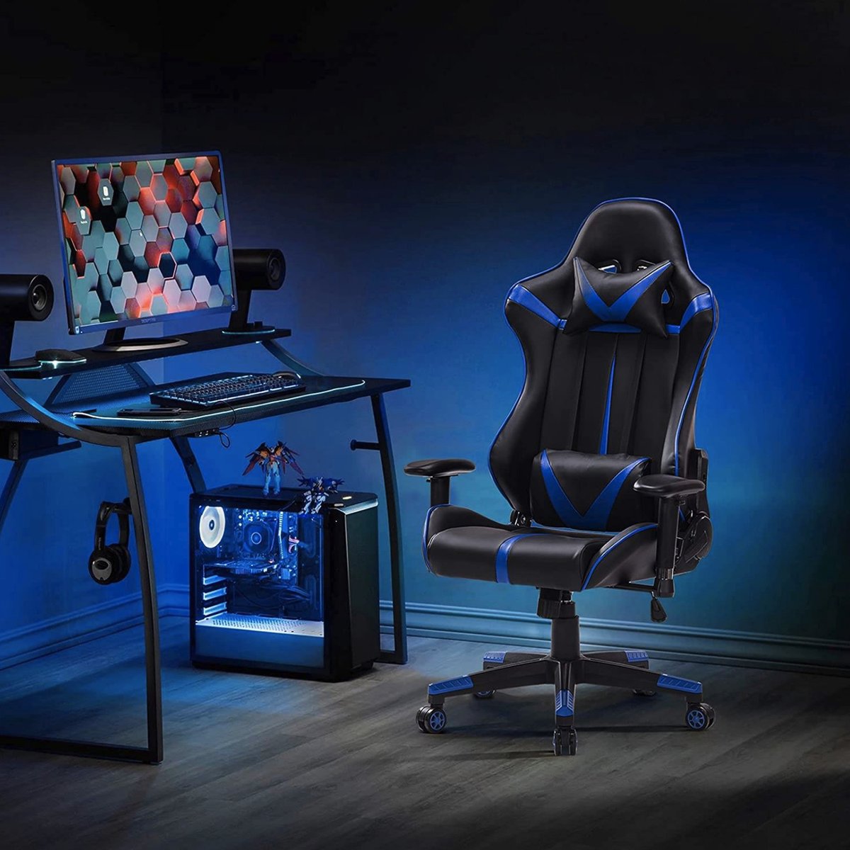 Happyment Gamestoel Moskou - Stof - Met rugleuning en armleuning - In hoogte verstelbaar - Ergonomisch - Blauw/Zwart