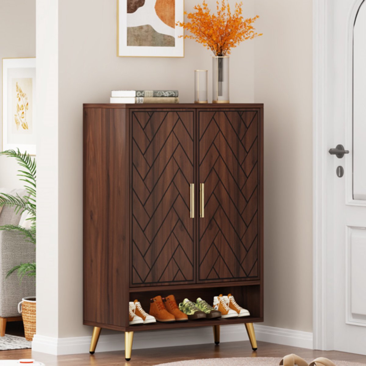 Schoenenkast Nero met deuren - Bruin - Schoenenrek - 110cm - 6 laags - Houten opbergkast
