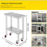 Keukentafel horeca - RVS - Werktafel met wielen - Bijzettafel verplaatsbaar - Keukeneiland