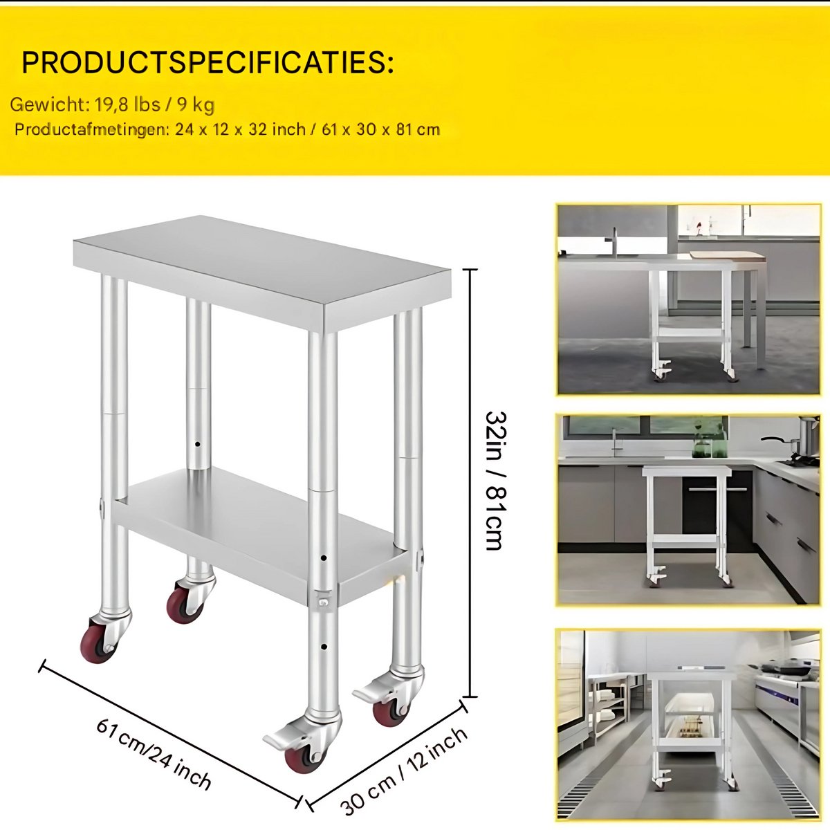 Keukentafel horeca - RVS - Werktafel met wielen - Bijzettafel verplaatsbaar - Keukeneiland