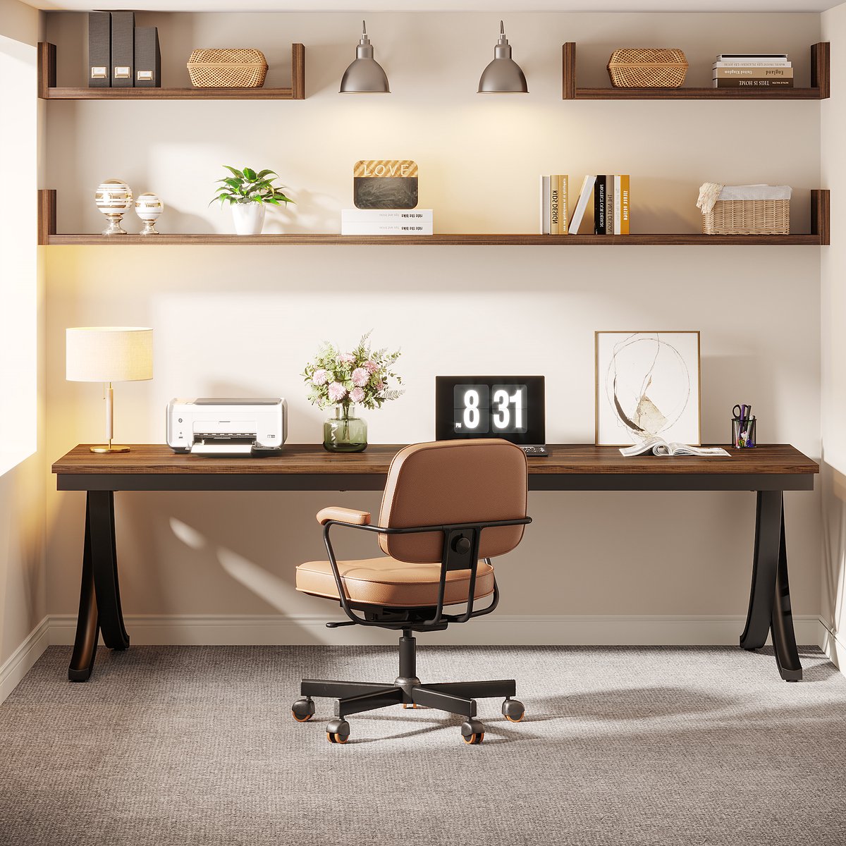Dubbel computerbureau - Bruin - 200cm bureau - X-poot - Voor 6 personen - Voor volwassenen