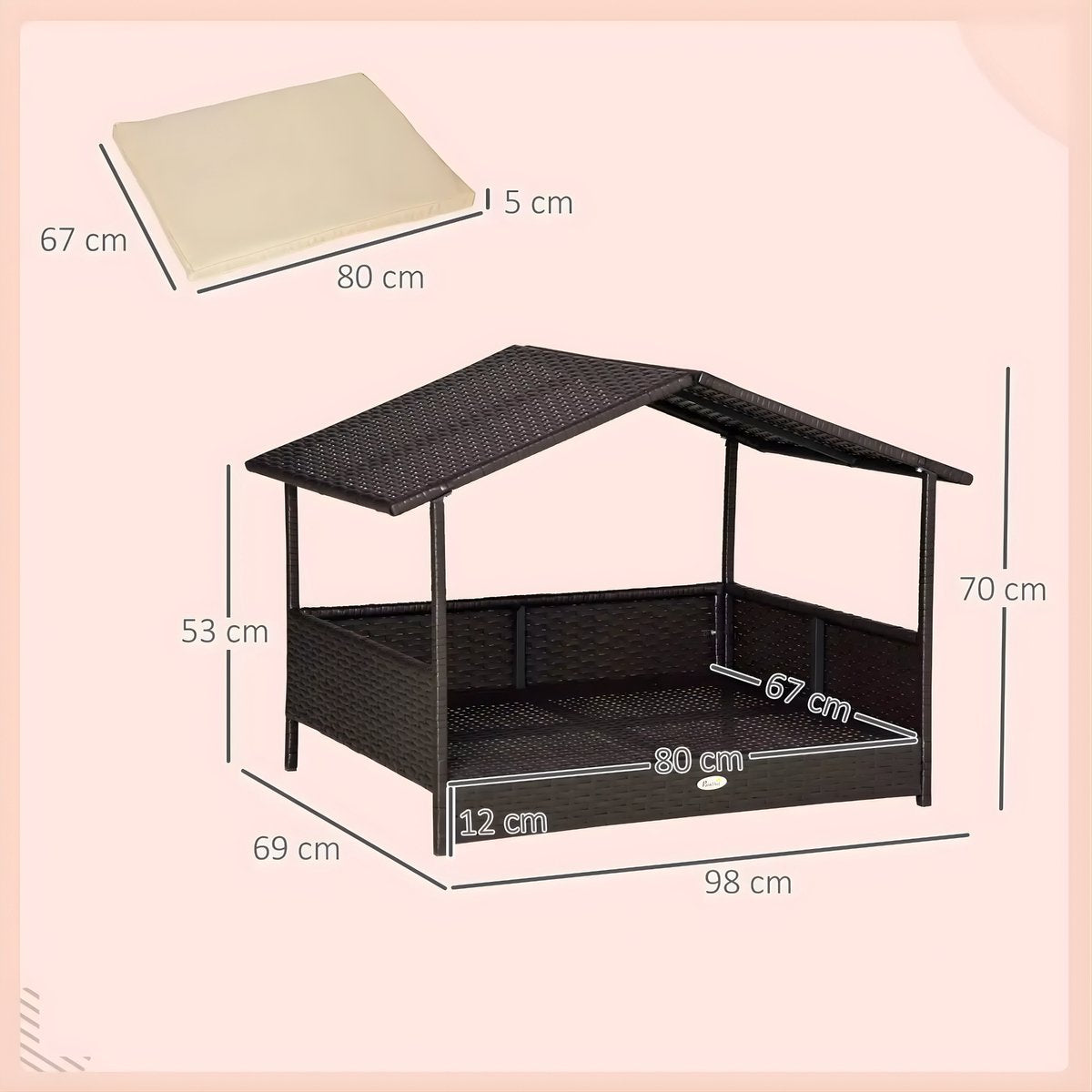 Hondenhuis met kussen - 98x69x73 cm - Voor Honden - PP Rotan Koffiebruin - Hondenbench (Binnen & Buiten) - Bench