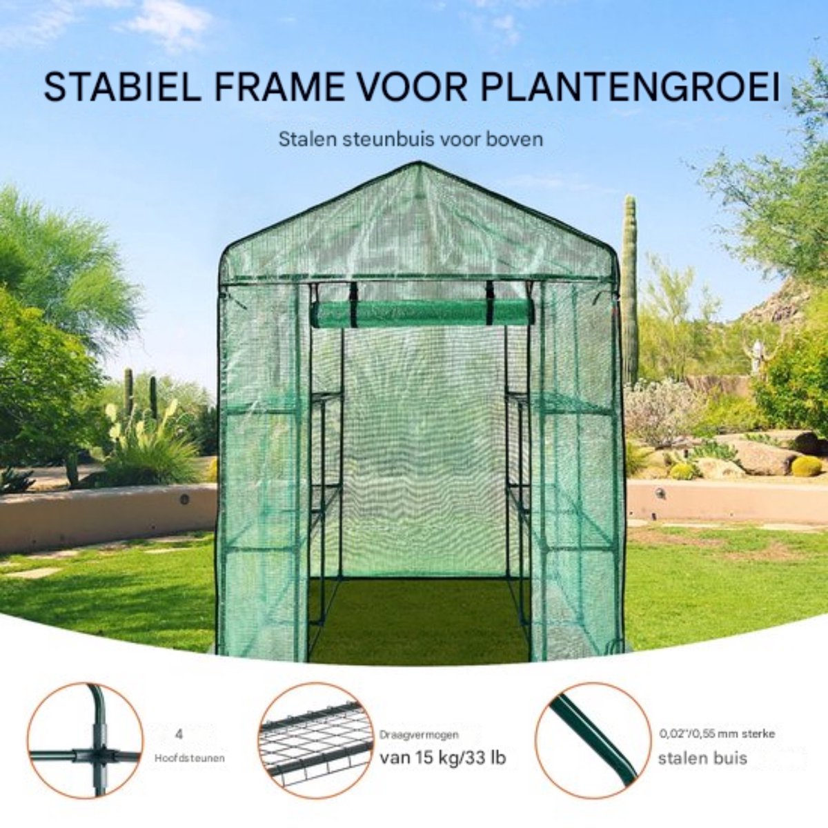 Groene Professionele Kas - Moestuin - Waterdicht - Met Schappen en Ramen - 215 cm Hoog