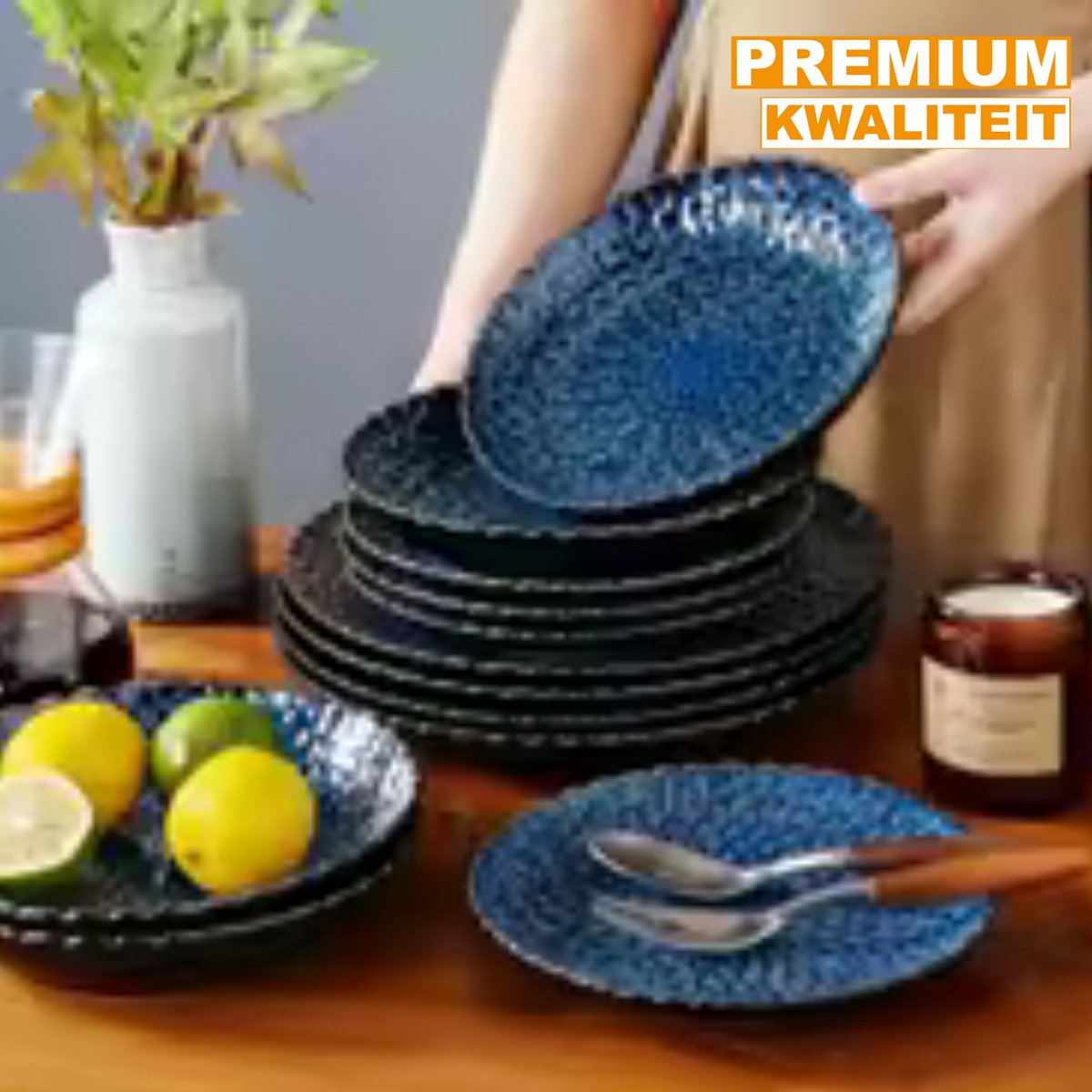 Ornate Ontbijtborden – 12 persoons – 24 delig – Blauw Keramisch – Dinerborden – Ontbijtborden