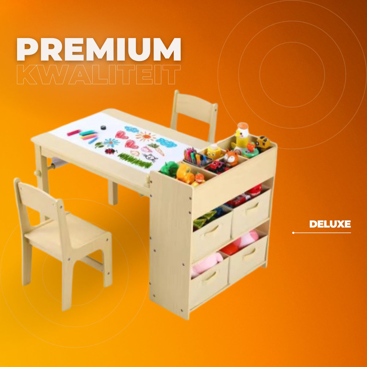 Kunsttafel en Stoelenset voor Kinderen - Houten Knutseltafel met 2 Stoelen, Opbergplanken, Canvas Bakken en Papierrol - Speeltafel voor Kinderkamer - Houtlook