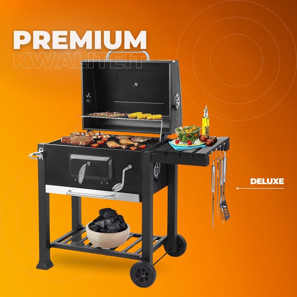 Houtskool grill op wieltjes - Voor 5 tot 10 personen - Houtskoolbarbecues - Briketten - Met deksel - Thuis of camping