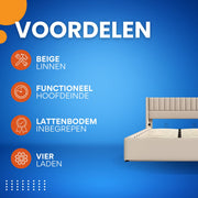 Bed - Opbergbed - Opbergruimte - Hydraulisch tweepersoonsbed Linnen lattenbodem Houten metalen frame - Beige - 160x200