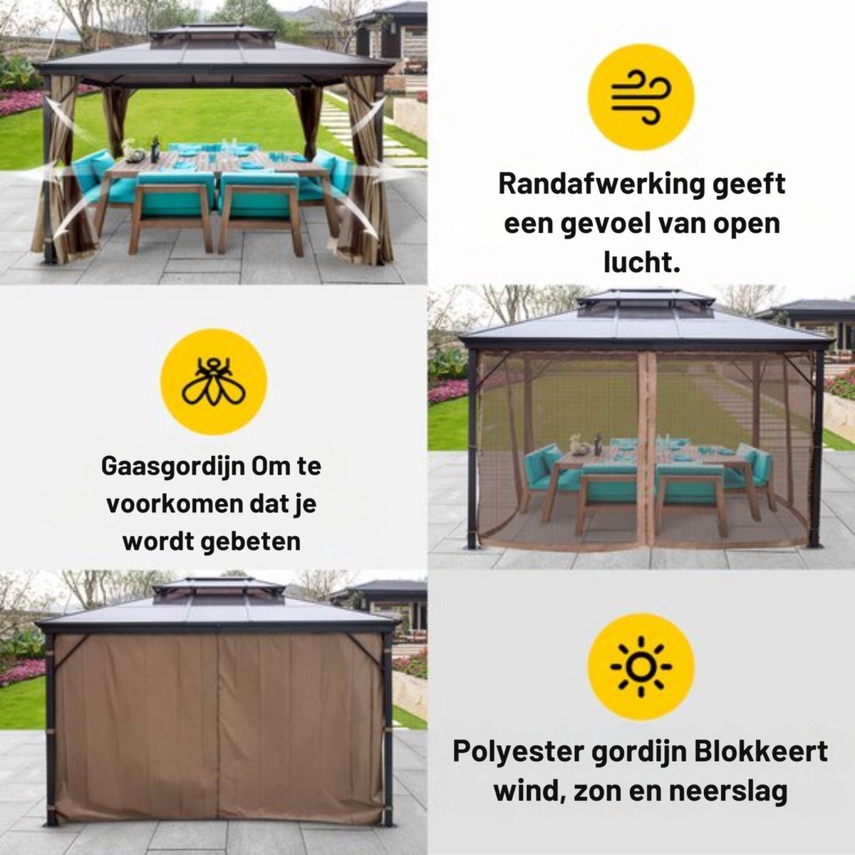 Paviljoen Gazebo - Aluminium Hardtop Pergola - Tuinpaviljoen - Partytent - 3 x 3,6 m - Met Mosquito Netting