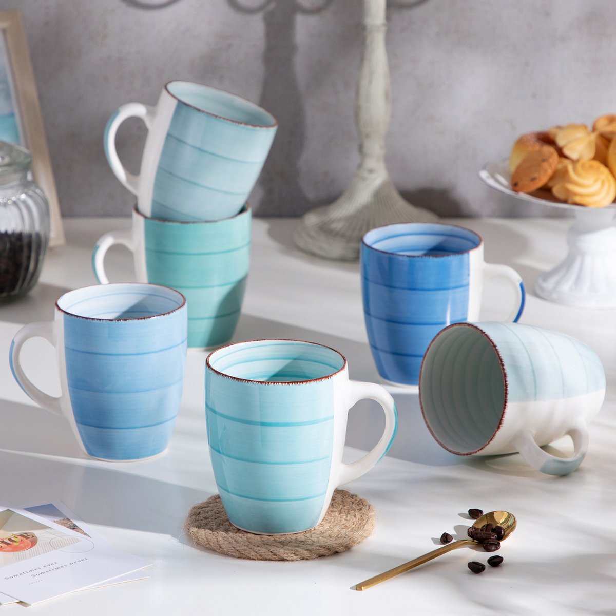 Mizo Mokkenset - 6 stuks - 470ml - Ovaal - Koffiemokken - Melkbeker - Met oor