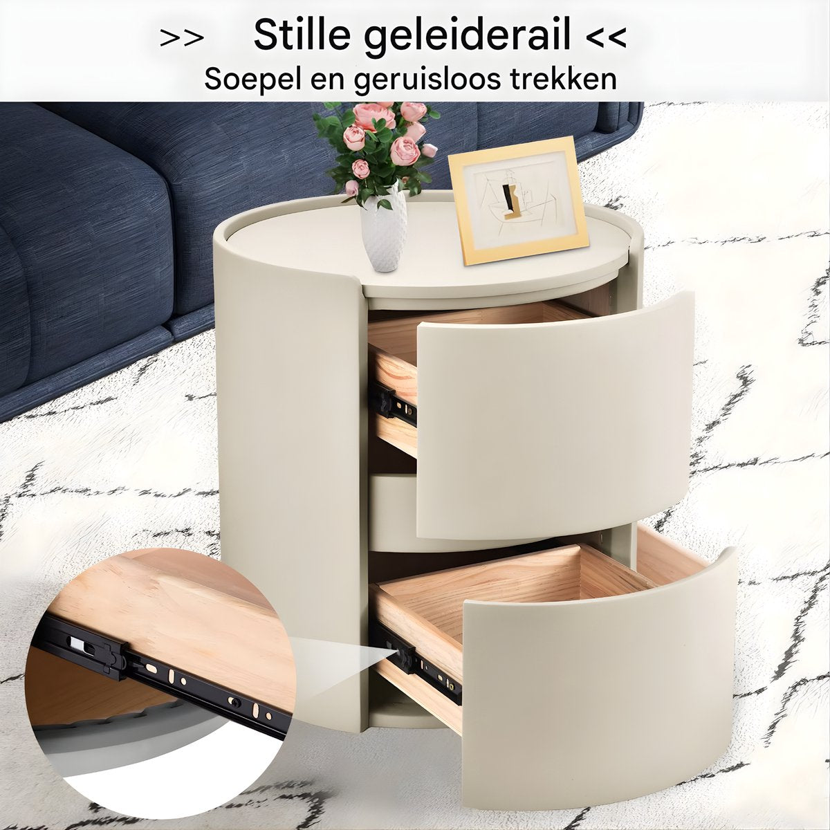 Rond nachtkastje - Bijzettafel - Voor thuis, kantoor of slaapkamer - Modern, met 2 laden - Massief hout - Wit