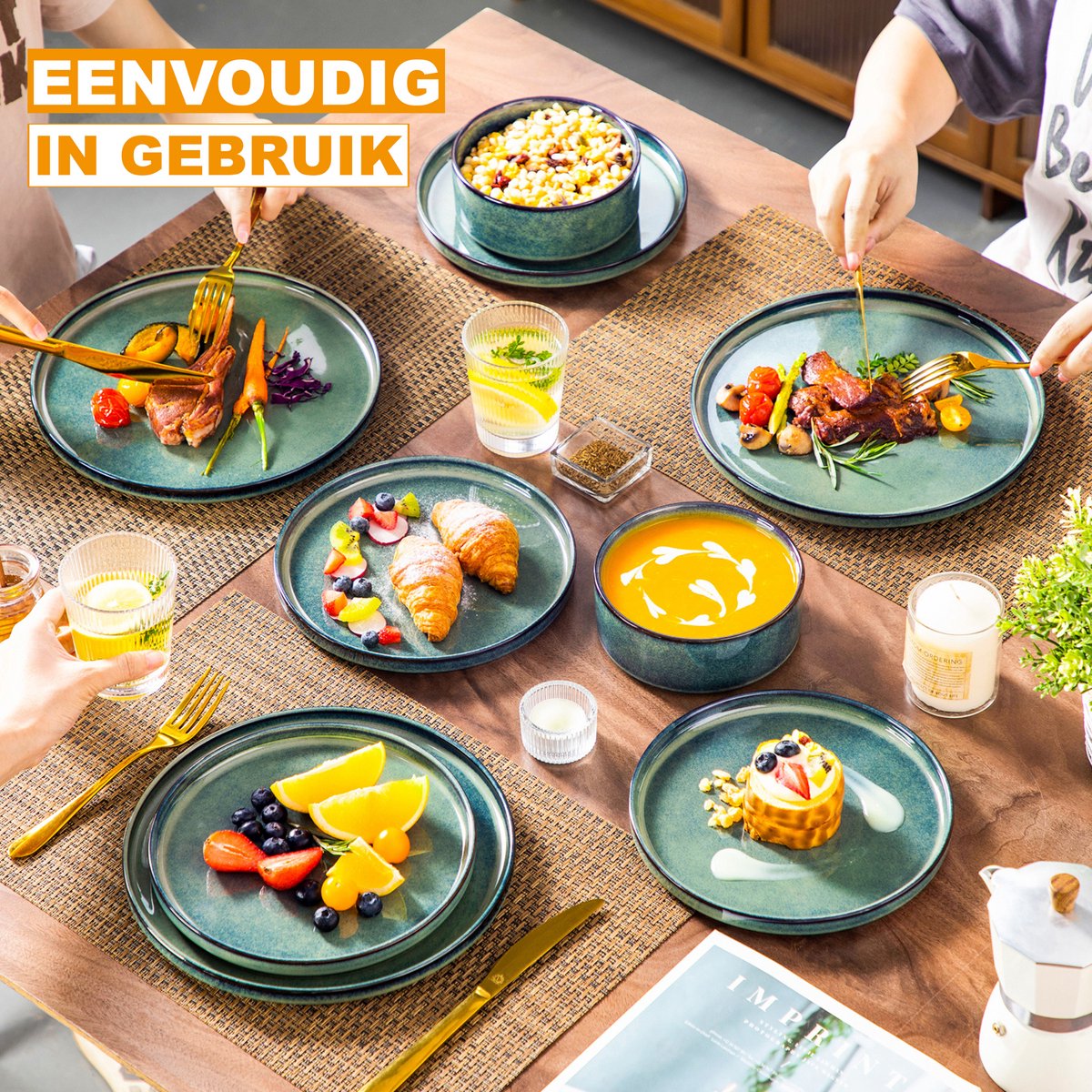 Santivo Serviesset - 12 delig - 4 persoons - Groen - Dinerborden - Bordenset - Ontbijtborden - Keukenservies - Diepe borden - Servies