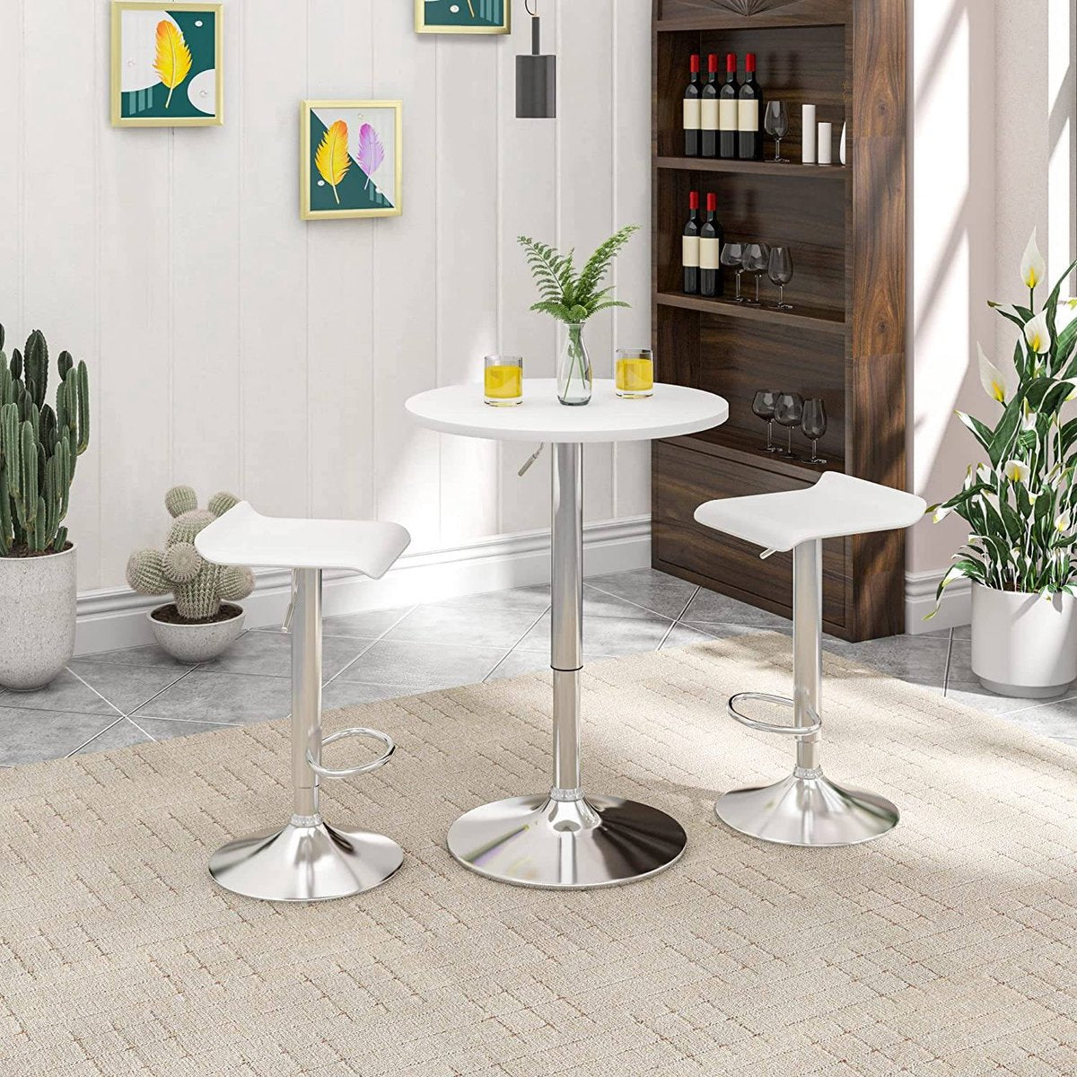 Happyment Ronde Bartafel - Voor binnen - Keuken - Hout - Metaal - Wit - Verstelbaar in hoogte - 60x60x 68 tot 88cm