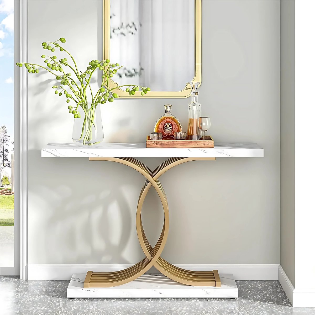 Moderne Console Tafel - Sidetafel - Wandtafel - Haltafel - Wit/goud - Voor Hal of woonkamer of Gang - Marmer look - 100cm