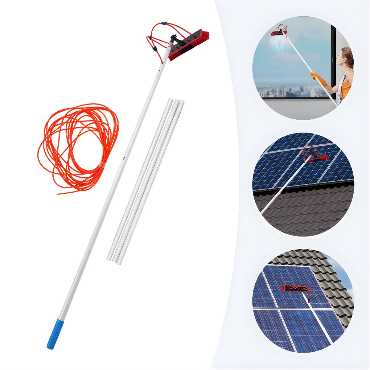 Reinigingsborstel - Voor zonnepanelen en buitenramen - Verstelbare steel, schoonmaakset - Rood