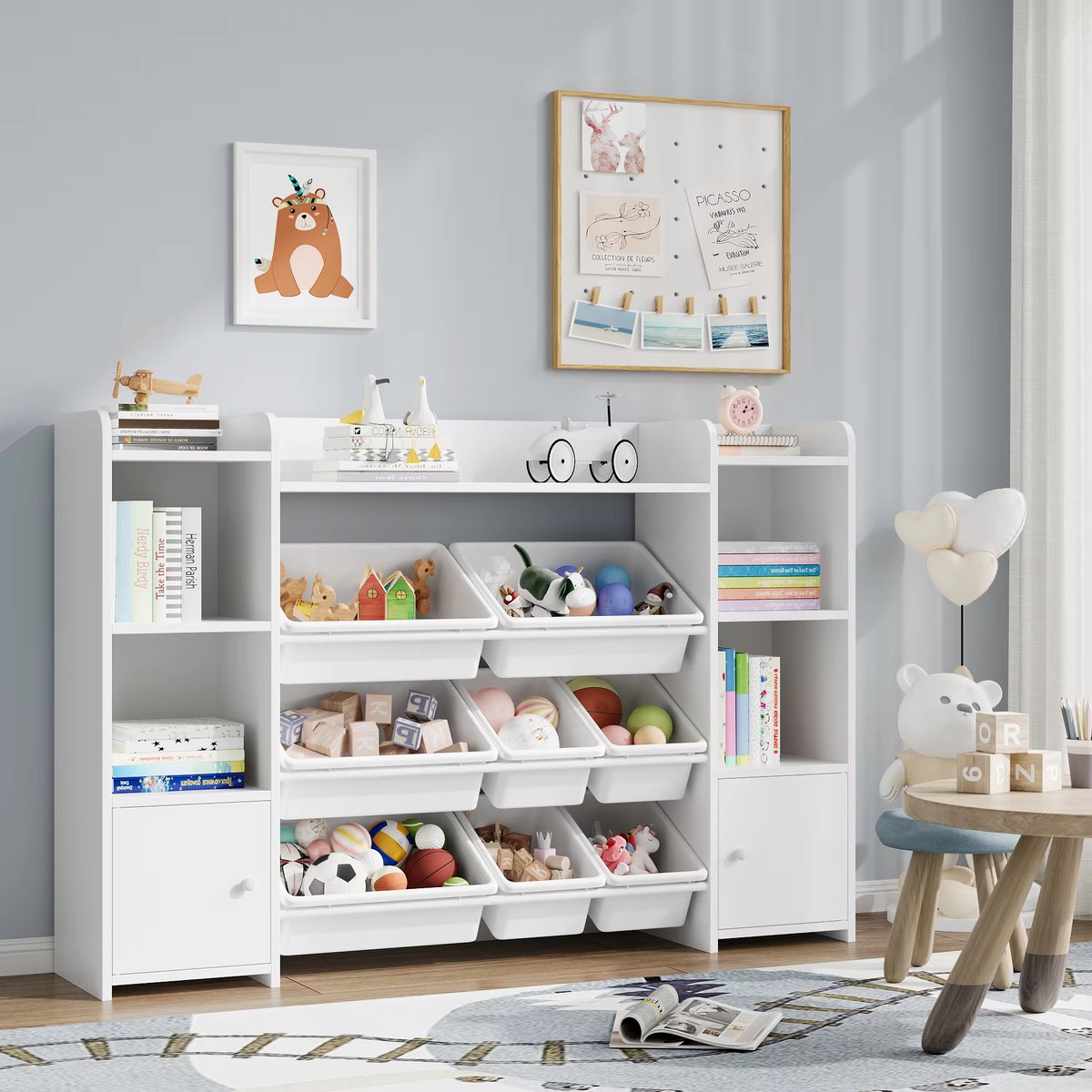 Speelgoedopbergkast – Kinderspeelkamer - Kinderboekenkast - Voor woonkamer, speelkamer en slaapkamer – Met 8 verwijderbare dozen en opbergplanken – 138,8×29,6×94,3 cm - Wit