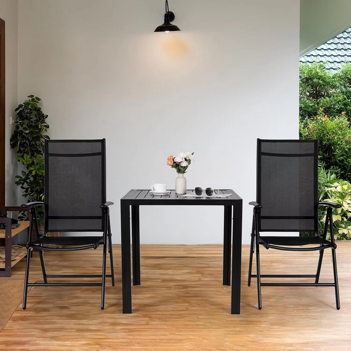 Deluxe Tuinstoelen - Tuinmeubels - Voor Tuin, Balkon & Camping - Hoge Rug, 7-Way Verstelbaar met Armleuningen - Duurzaam Aluminium & Ademend - 2 stuks - Zwart