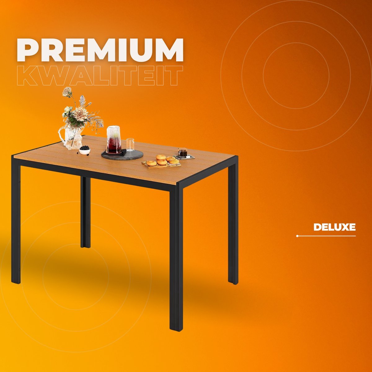 Tuintafel Zyrell - Buitentafel - Eettafel buiten - Outdoor - Voor Tuin & Terras - Rechthoekige Aluminium Tafel met Metalen Lattenbodem -110x70x73 cm - Hout