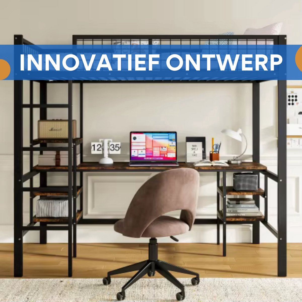 Hoogslaper Retro Valora - Luxe hoogslaper voor kinderen - 90x200 cm - Met bureau - Kinderbed - Stapelbed - Met Hoektrap, valbeveiliging en raam - Peuterbed