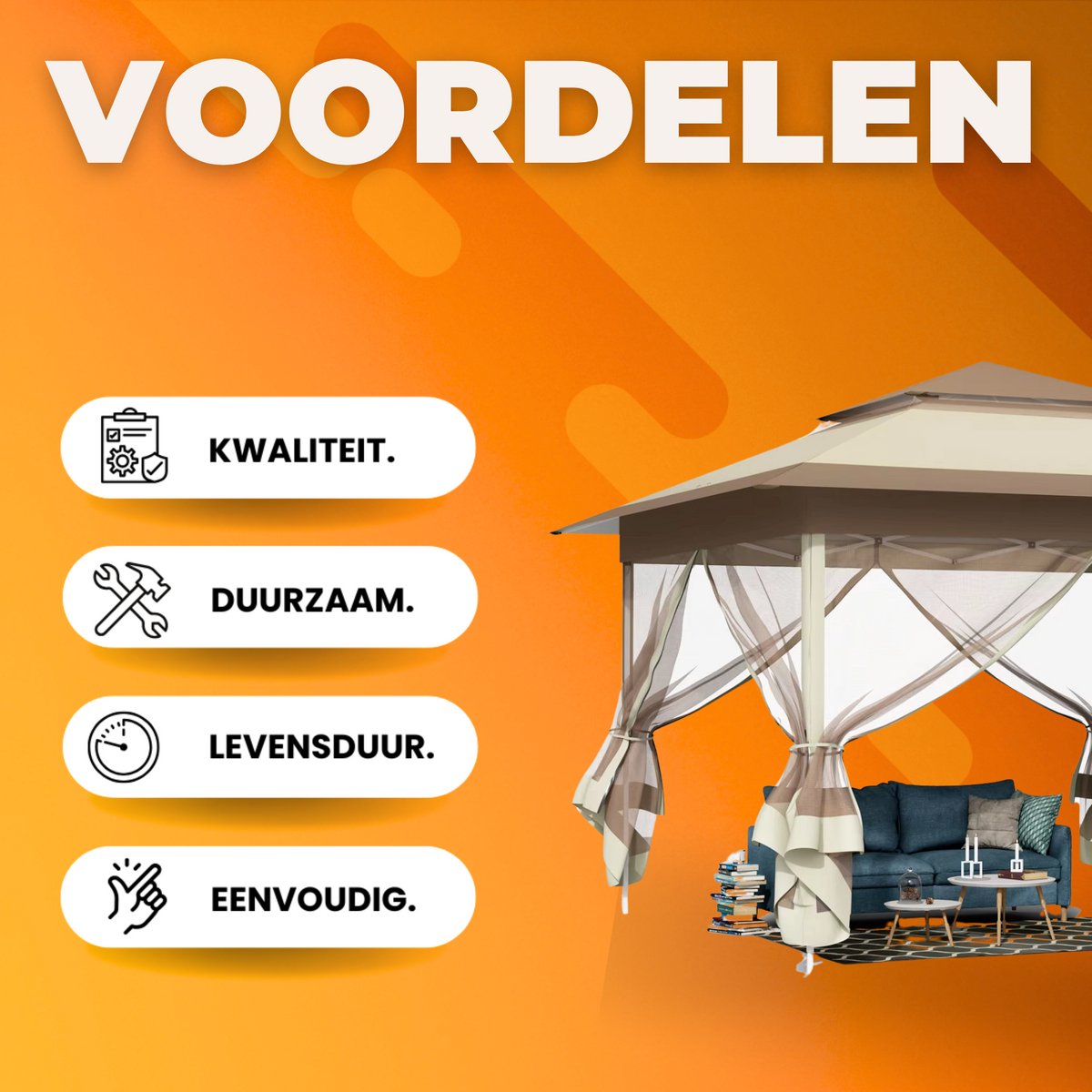 Tuinhuisje voor Buiten - Met 4 Afneembare Klamboes, UV- en Regendicht - Pop-up Patio Tuinhuisje met Dubbele Dakrand - Opvouwbaar - 3,3 x 3,3 m - Khaki