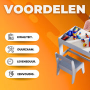 Kindertafel - Speeltafel- Voor Kinderen & Kleuterschool - Kindertafel en stoeltjes - 3-in-1 - Met met Tekenbord, Opbergruimte & 2 Stoelen - Lichtgrijs