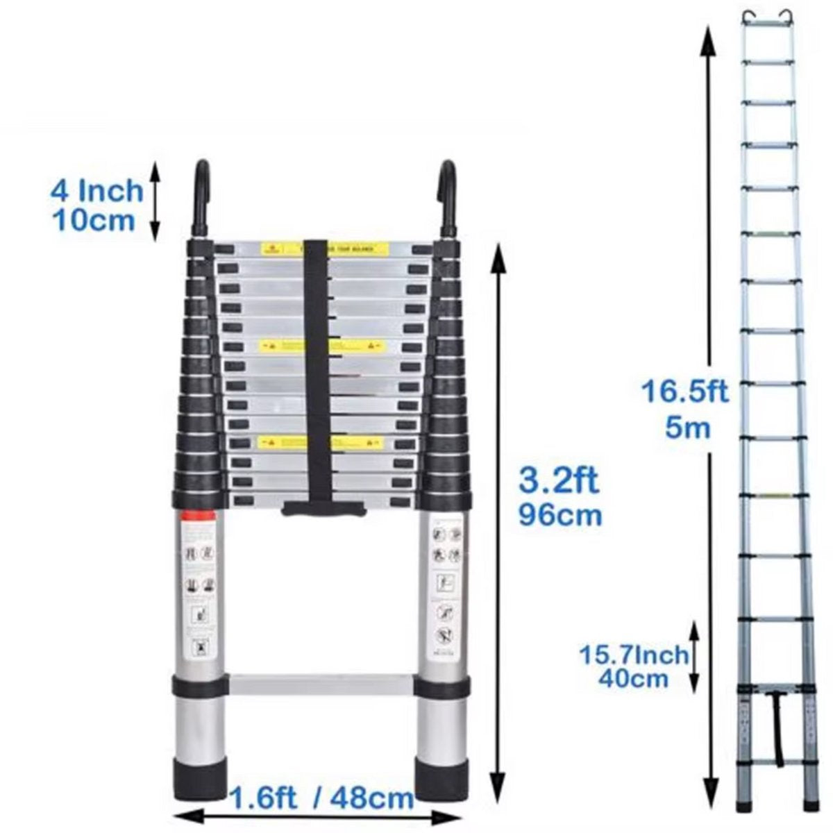 Telescopische Ladder met Haken - 5M - Multifunctionele Opvouwbare Aluminium Ladder - Verlengladder met Antislipvoeten