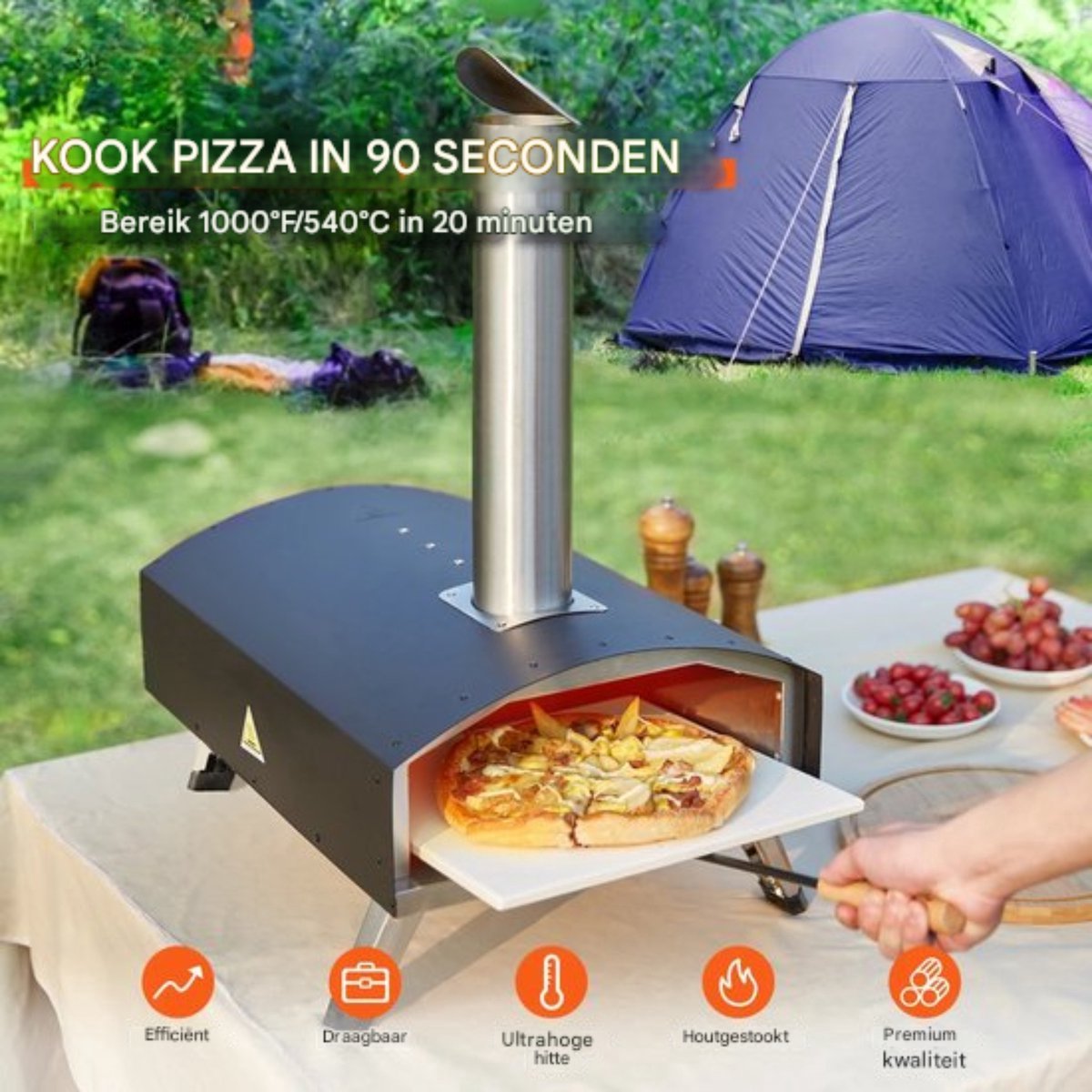 Pizza oven Deluxe - Draagbaar - Outdoor - RVS Pizza Oven - Max 540℃ - Schep & Pizza Steen & Draagtas