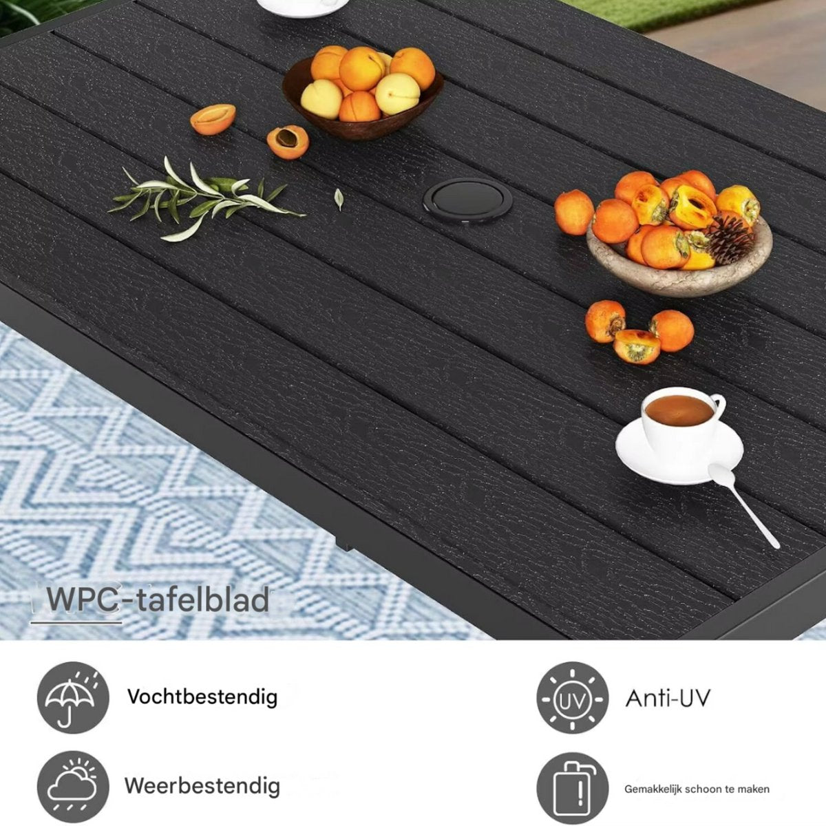 Tuintafel - Met Parasolgat - Eettafel voor Buiten - Terrastafel - Rechthoekige Aluminium - 110x70 cm - WPC Balkon Tafel, Weerbestendig en Duurzaam