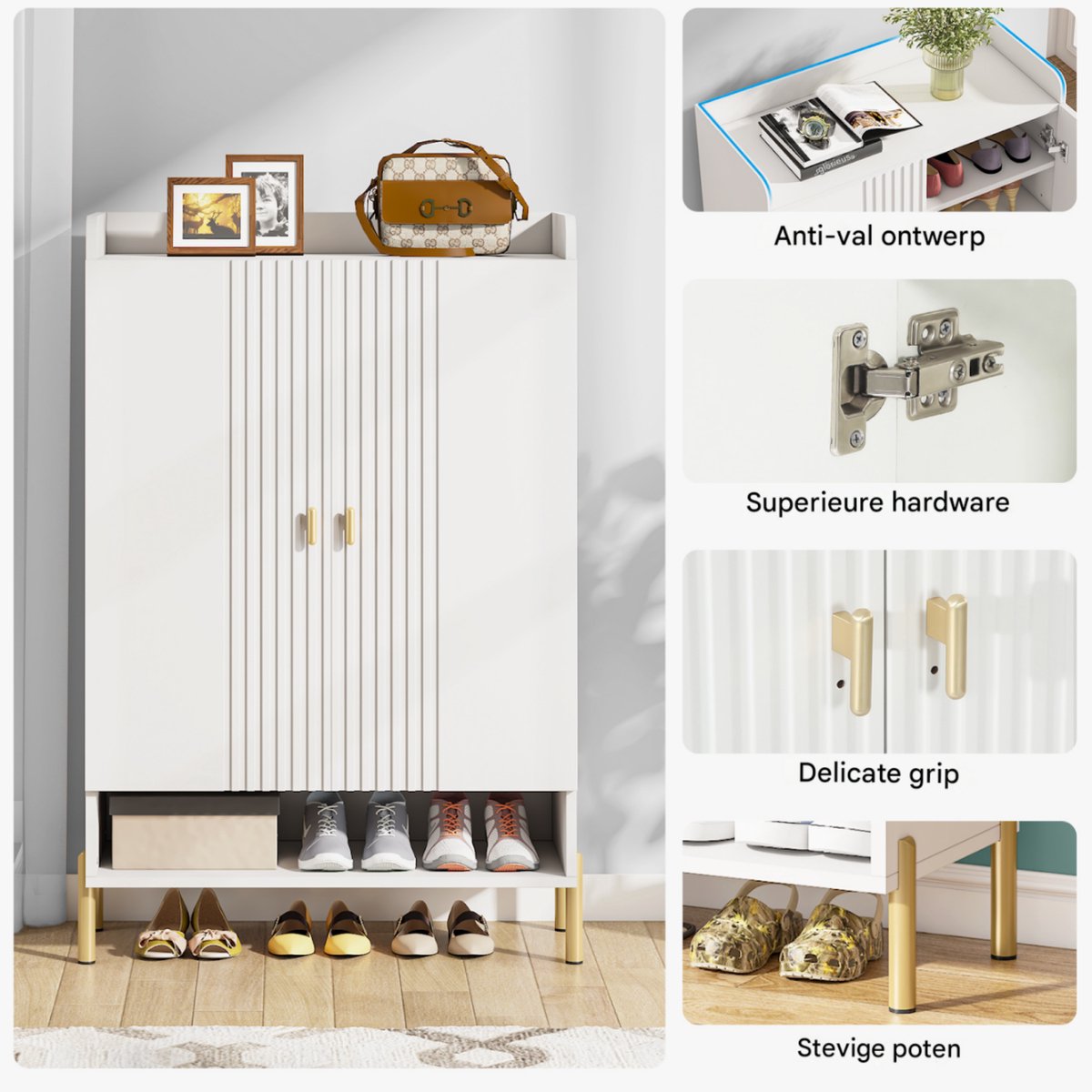Schoenenkast Datino - Met deuren - Wit - Schoenenrek - 110cm - 6 laags - Houten opbergkast met kleppen