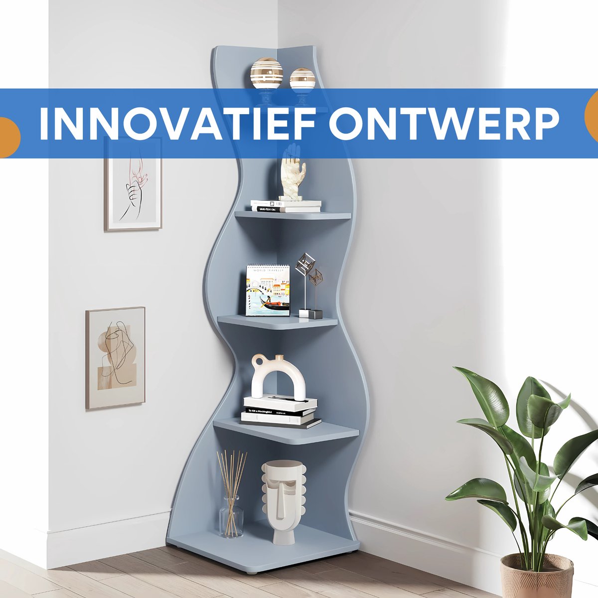 Moderne boekenkast 5 lagen - Blauw - Boekenrek - Woonkamer, slaapkamer en kinderkamer - Hout - 180cm