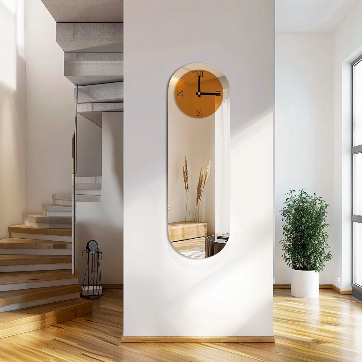 Langwerpige Wandklok - Bruin Getint met Zilveren Gespiegelde Romeinse Cijfers - Moderne Decoratieve Klok voor Woonkamer