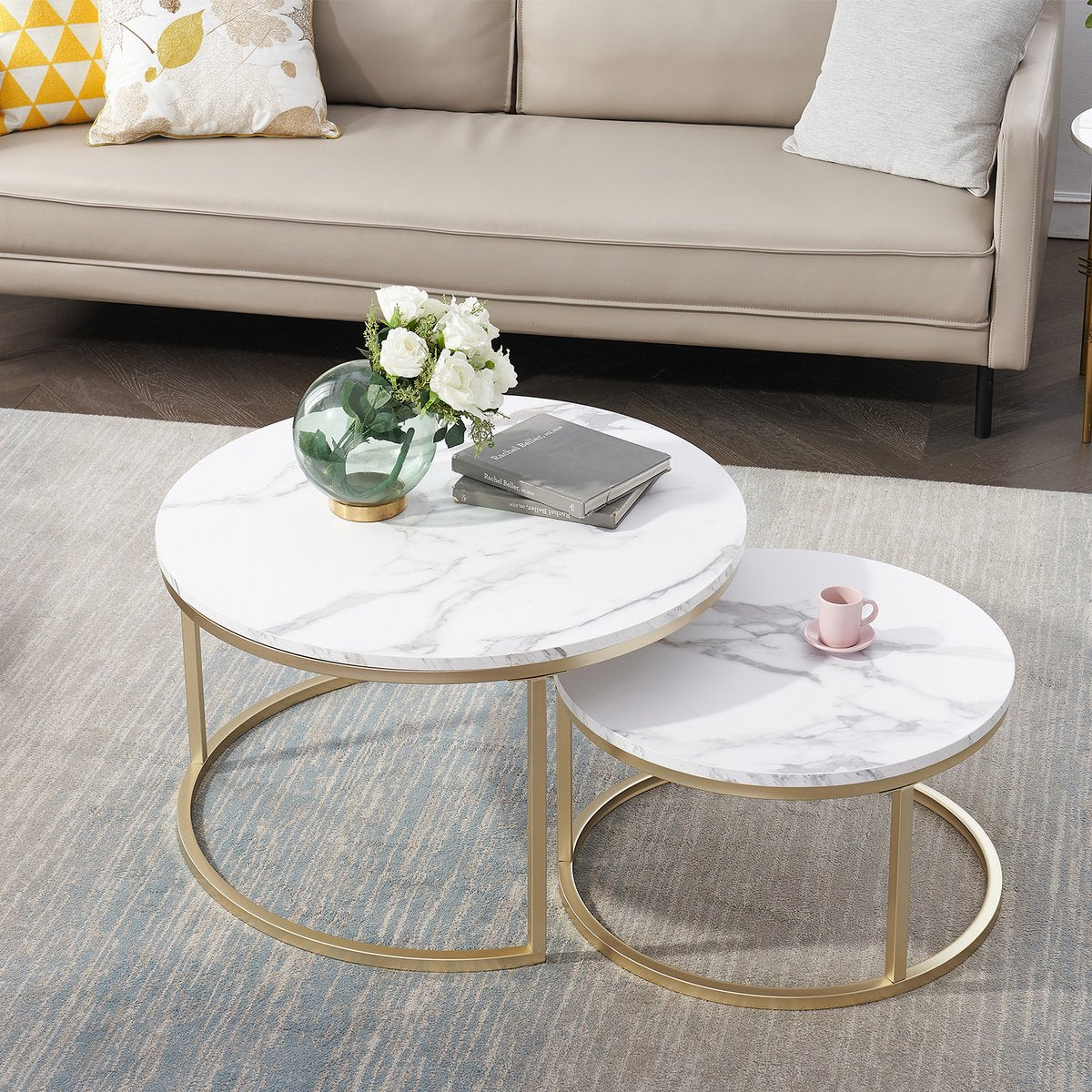 Happyment Luxe Salontafel - Wit en goud - Marmour look - Set van 2 - Landelijk - Woonkamer - Rond - 80 en 60cm