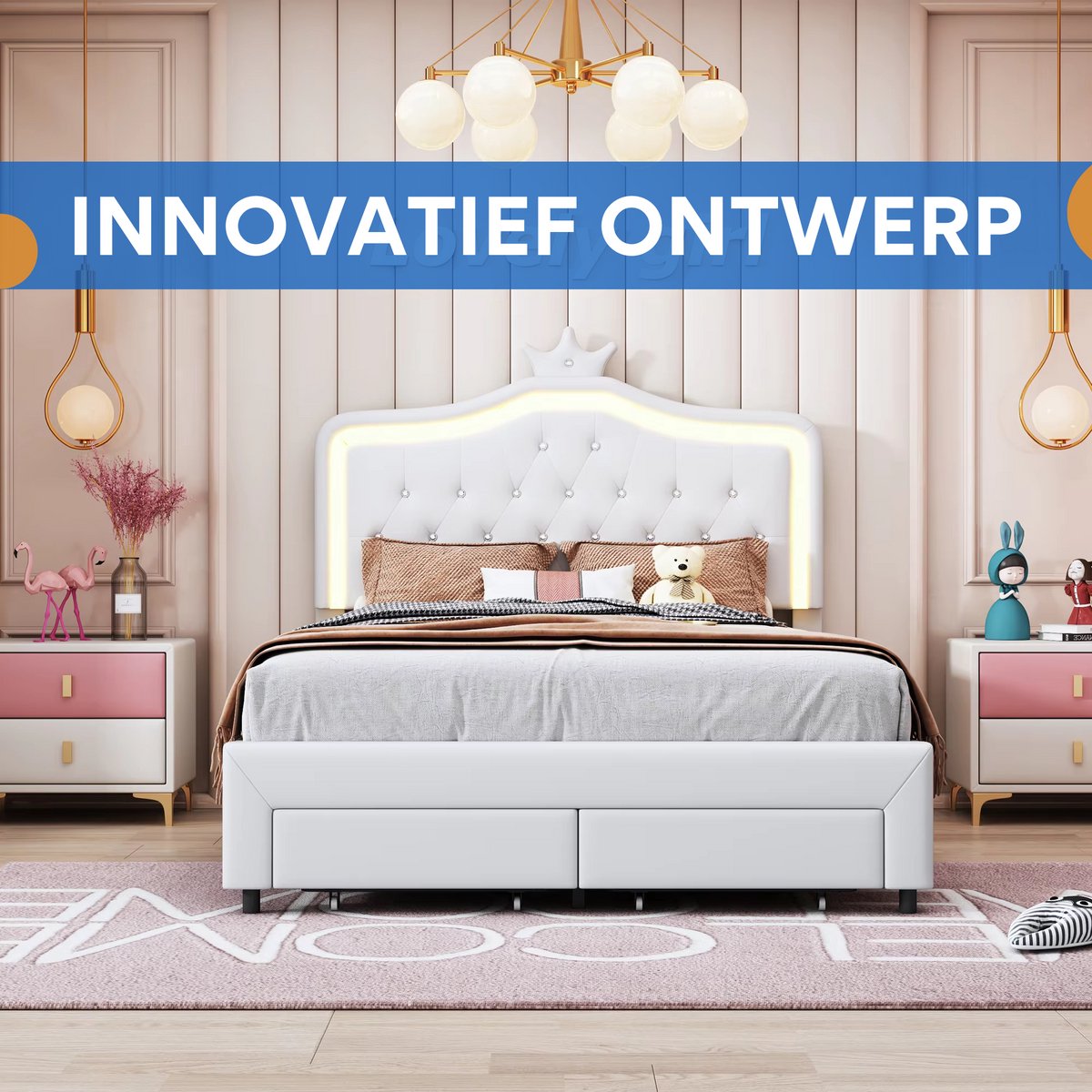 Kinderbed voor meisjes - 140x200cm - Gestoffeerd bed met 2 lades - LED-verlichting en rugleuning - Lattenbodem - Twijfelaar