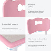 Kindertafel Tavien en 4-stoelenset - In hoogte verstelbare tafelset voor peuters met meerdere activiteit - Studie, schrijven en spelen voor kinderen - Roze - 120x60cm