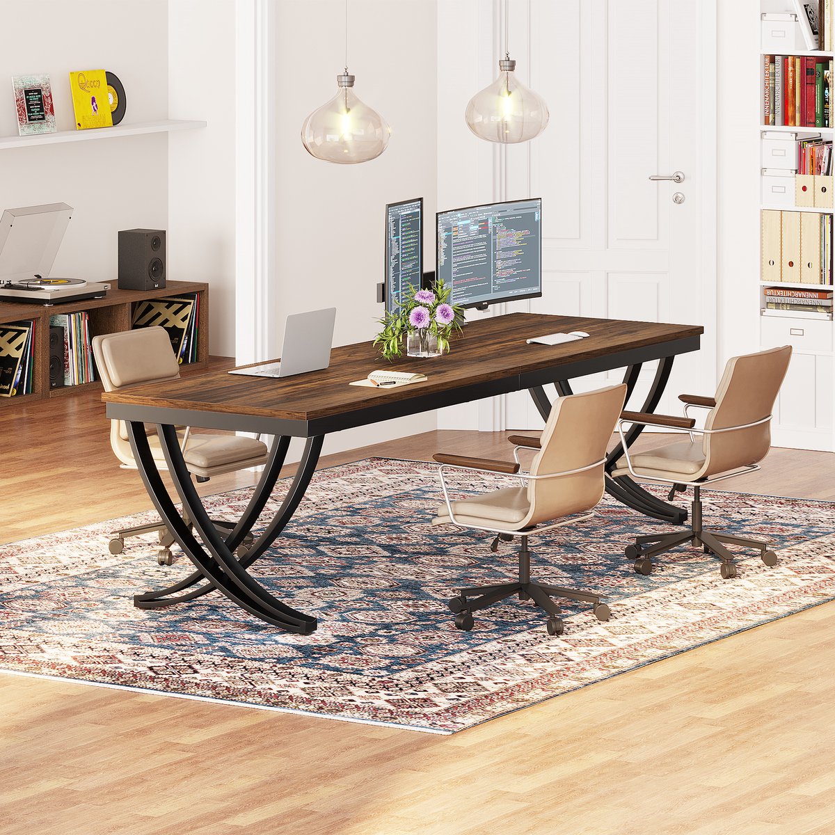 Dubbel computerbureau - Bruin - 200cm bureau - X-poot - Voor 6 personen - Voor volwassenen