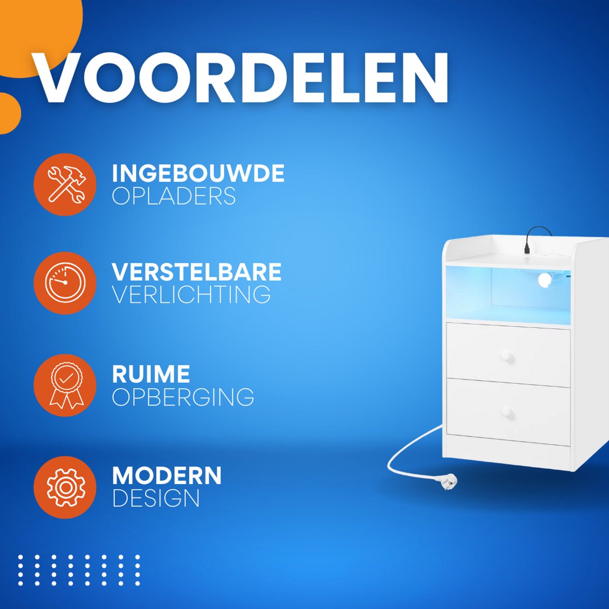 Nachtkast met RGB lichten - Wit - Slaapkamer - Met ingebouwde usb oplaadpoorten