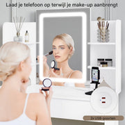 Witte Kaptafel met LED Spiegel - Verstelbare Helderheid & 2 USB Poorten - Moderne Make-up Tafel voor Slaapkamer