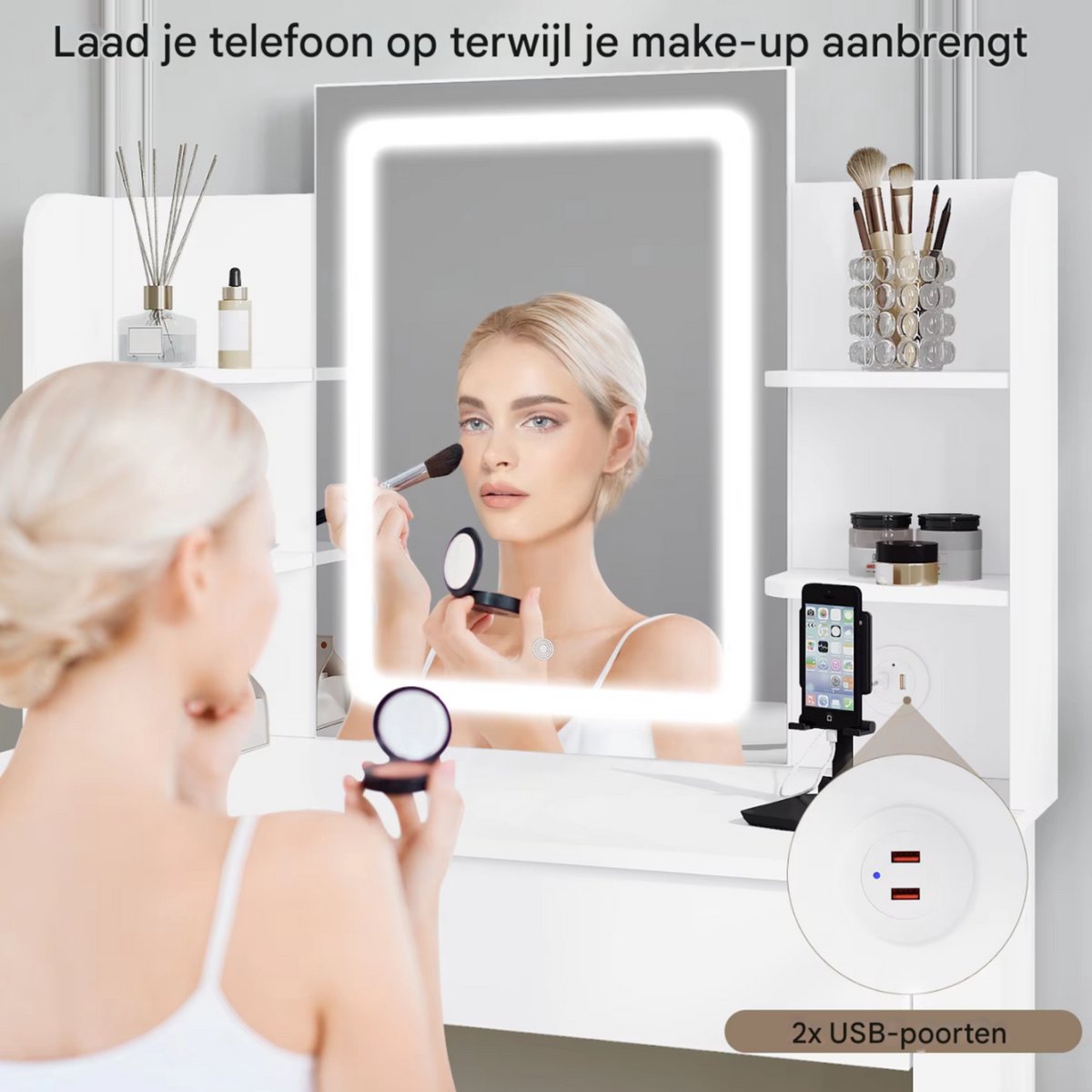 Witte Kaptafel met LED Spiegel - Verstelbare Helderheid & 2 USB Poorten - Moderne Make-up Tafel voor Slaapkamer