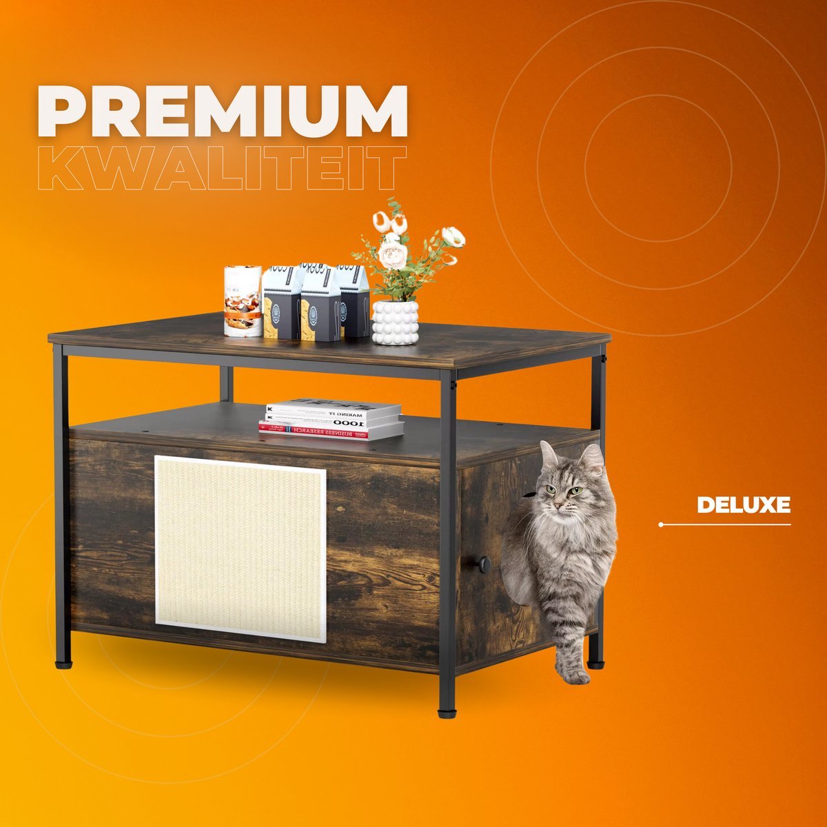 Houten Kattenbak Tavien - Verborgen Kattenbak Meubilair met Plank - Opbergkast voor Binnen - Huisdier Krat en Bijzettafel - Voor huisdieren - Bruin