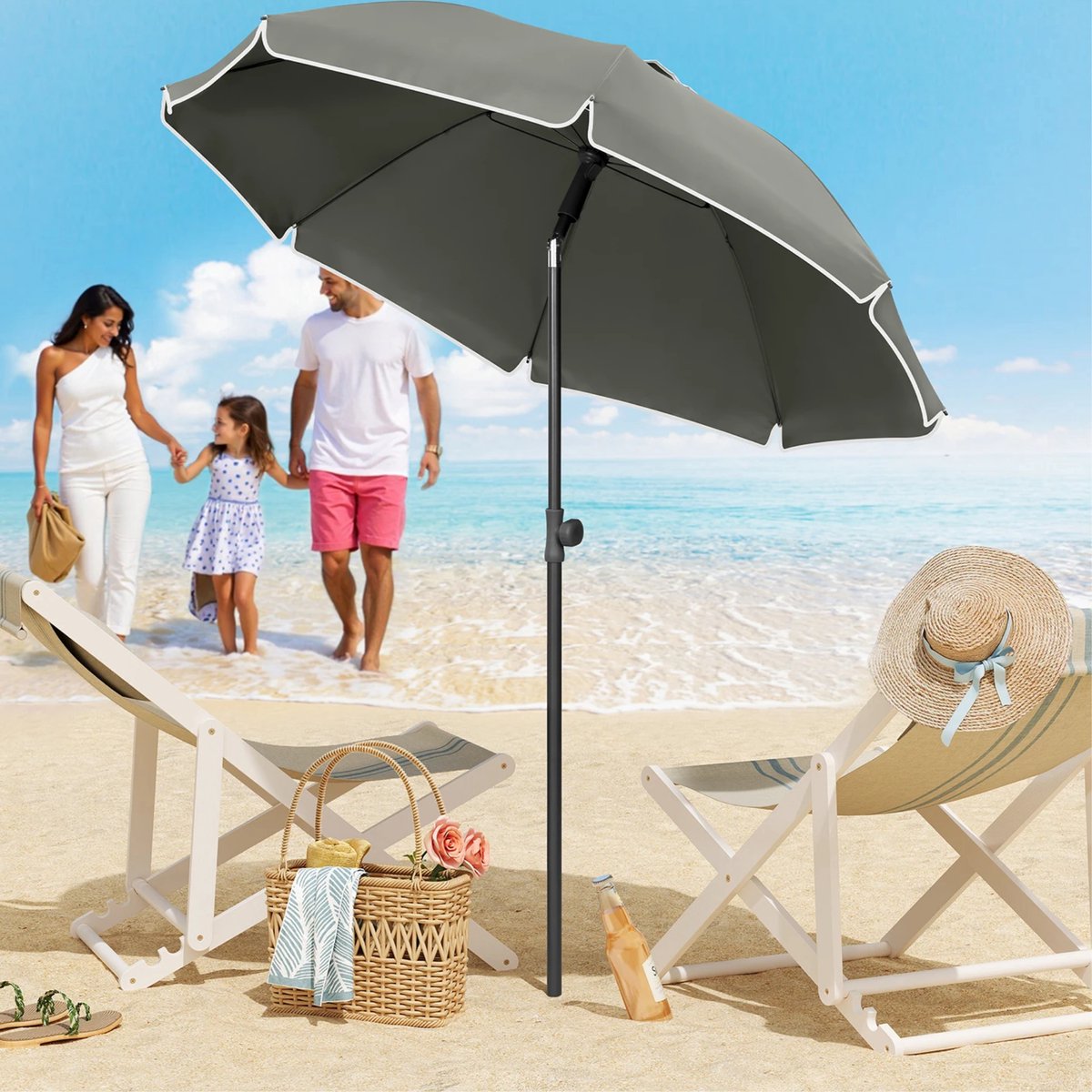 Ronde Parasol - Voor Balkon, Strand of Tuin - Verstelbaar & 45° Kantelbaar - UV-Resistent & Waterdicht - Gray Diameter 175cm