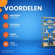 Boekenkast Dubai - Goud - Met 5 Lagen - Marmerlook - Voor Woonkamer, Slaapkamer of Kantoor