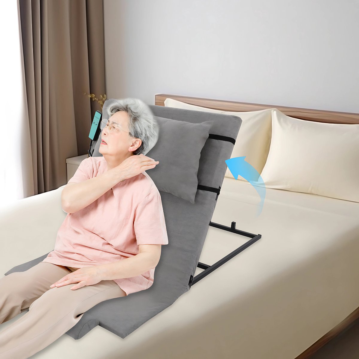 Elektrische Bed rugsteun - Hoofdsteun voor in bed - Leeskussen - voor Lezen & Rusten - met Afstandsbediening - 2°-80° Verstelbaar - Inclusief Kort Kussen & Hoofdsteun - Grijs