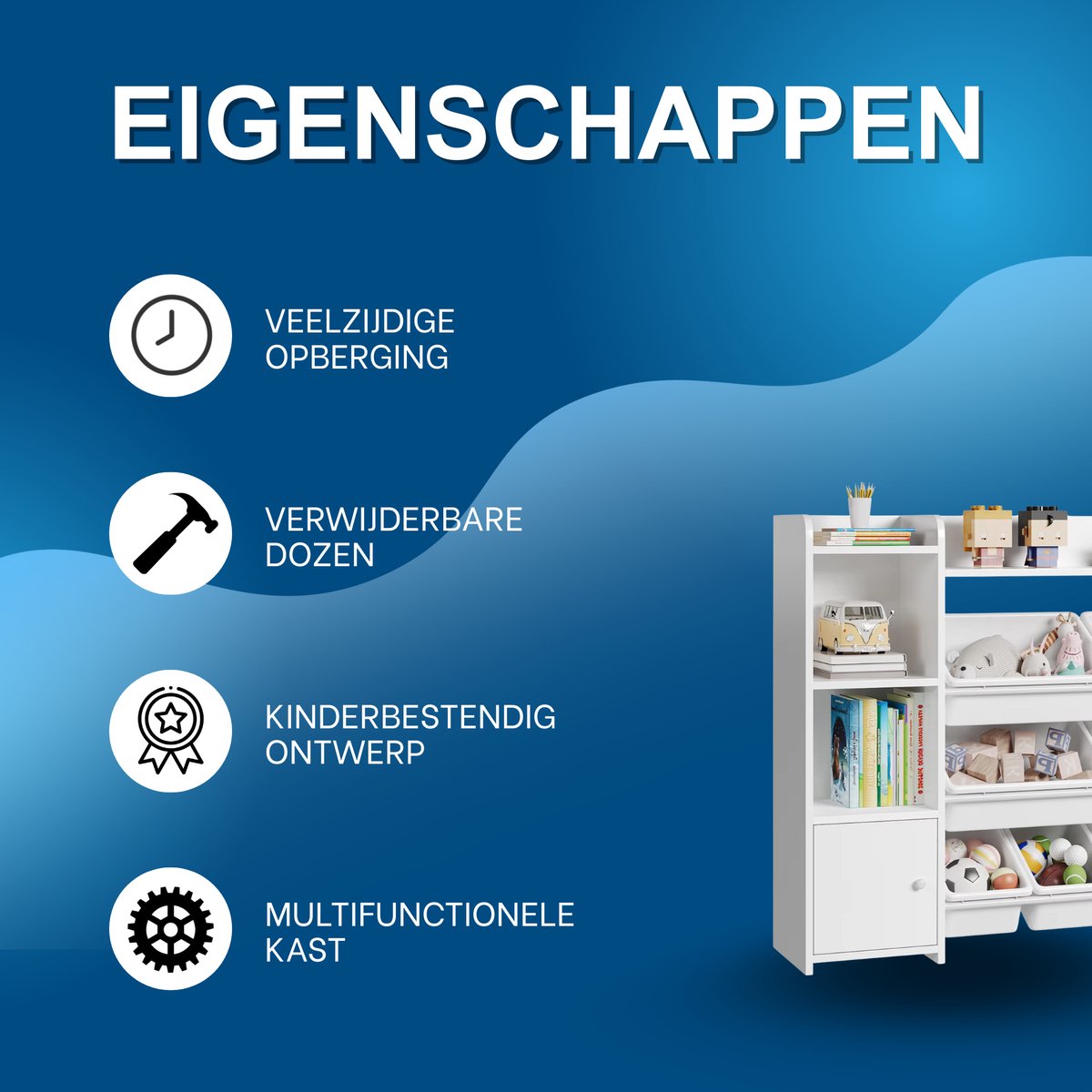 Speelgoedopbergkast – Kinderspeelkamer - Kinderboekenkast - Voor woonkamer, speelkamer en slaapkamer – Met 8 verwijderbare dozen en opbergplanken – 138,8×29,6×94,3 cm - Wit