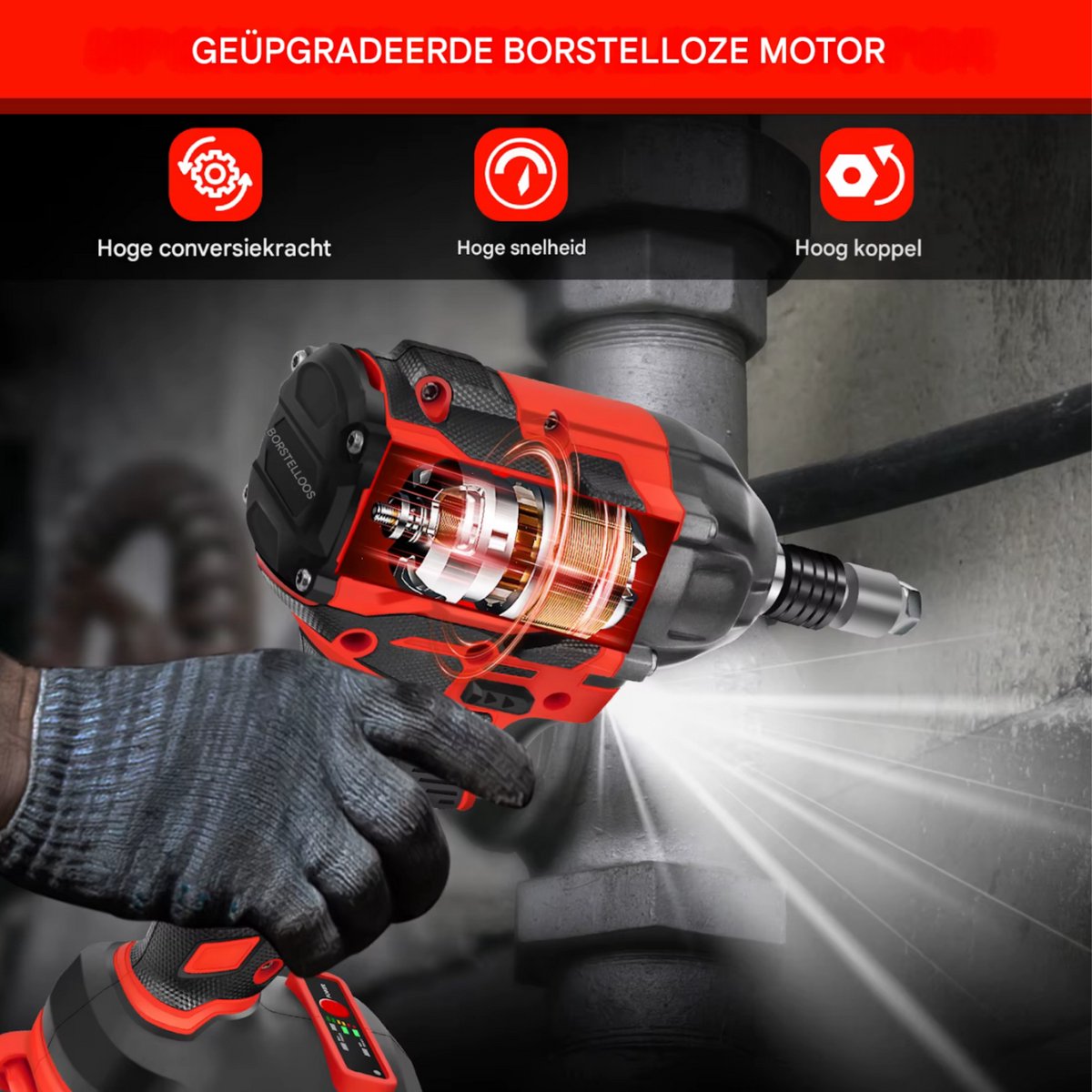 Draadloze Slagmoersleutel Ravon - 2-in-1 - 1/2" Driver Borstelloos, 2500 RPM Elektrische Sleutel, Maximaal Koppel 1500 Nm + Batterij