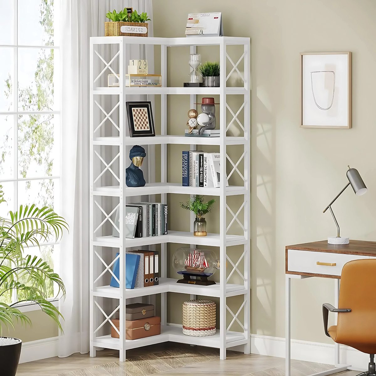 Hoekkast Verletta - Met 7 Lagen - Boekenkast voor woonkamer of slaapkamer - Wit opbergrek - Hout en metaal