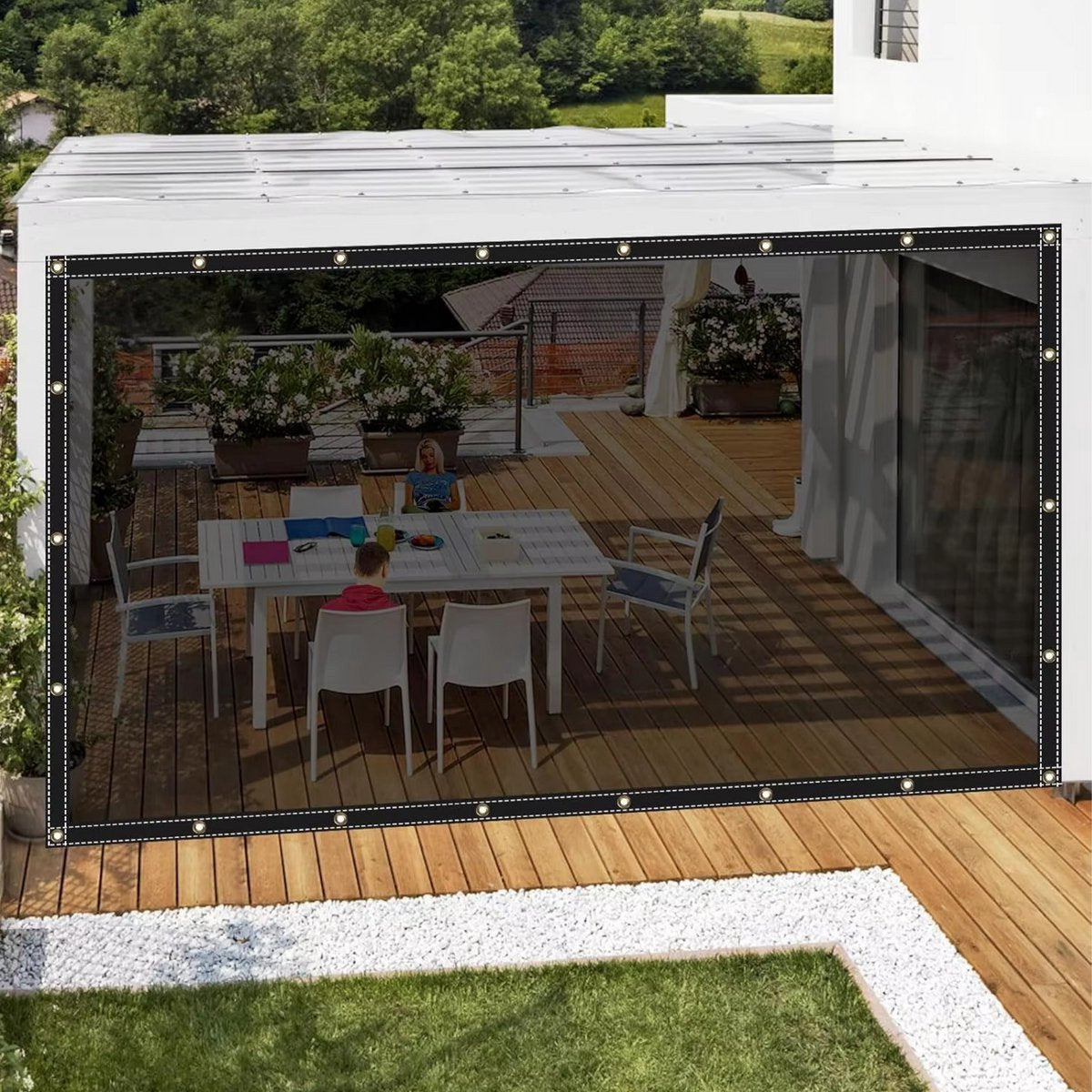 PVC Zeil Opulence - Met oogjes - Weerbestendig - Zeildoek - Voor veranda, kas, terras, tuin - Waterdicht & UV-bestendig - Donkergrijs transparant - 100x150cm